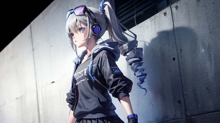 Teenage girl with drill ponytail, wearing black hoodie and medium length skirt, blue eyes, grey background, wearing headphones, nervous
