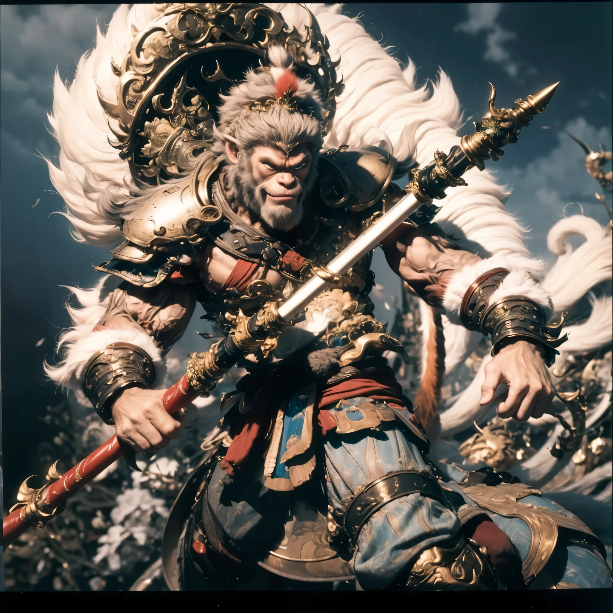 (best quality,4k,8k,highres,masterpiece:1.2),ultra-detailed, 1man, Sun Wukong the monkey king, monkey tail, furry monkey face, wielding Ruyi Jingu Bang a magical staff with a red shaft with golden tips, drawn in the style of Yoshitaka Amano, HDR, 8k, absurdres, cinestill 800, sharp focus, add_detail:2