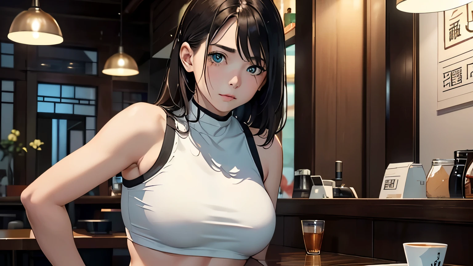 4K, A high resolution, Best quality at best, tmasterpiece, perfect colors, perfect shadow, perfect litthing, ((sportrait)), bright green eyes,With round lenses, The audience watched carefully, (s face: 1.2), Perfect female figure, ((90s crop top)), ((looking and shy at viewert)), (Perfect thick white eyebrows) Delicate fur, 详细s face, s the perfect shy face, At a in an coffee shop , (Drink a glass of coffee standing), Comfortable background, perfect decoration, lighting atmosphere, ((Bonifasko lighting)), (The round lenses on his eyes)(詳細な目), Perfect student