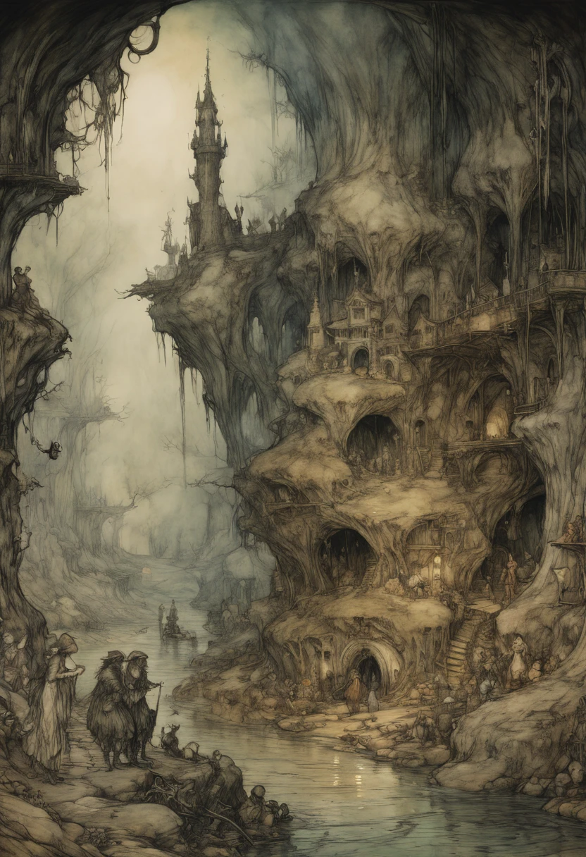 Underground world, by Arthur Rackham, best quality, masterpiece, 8k