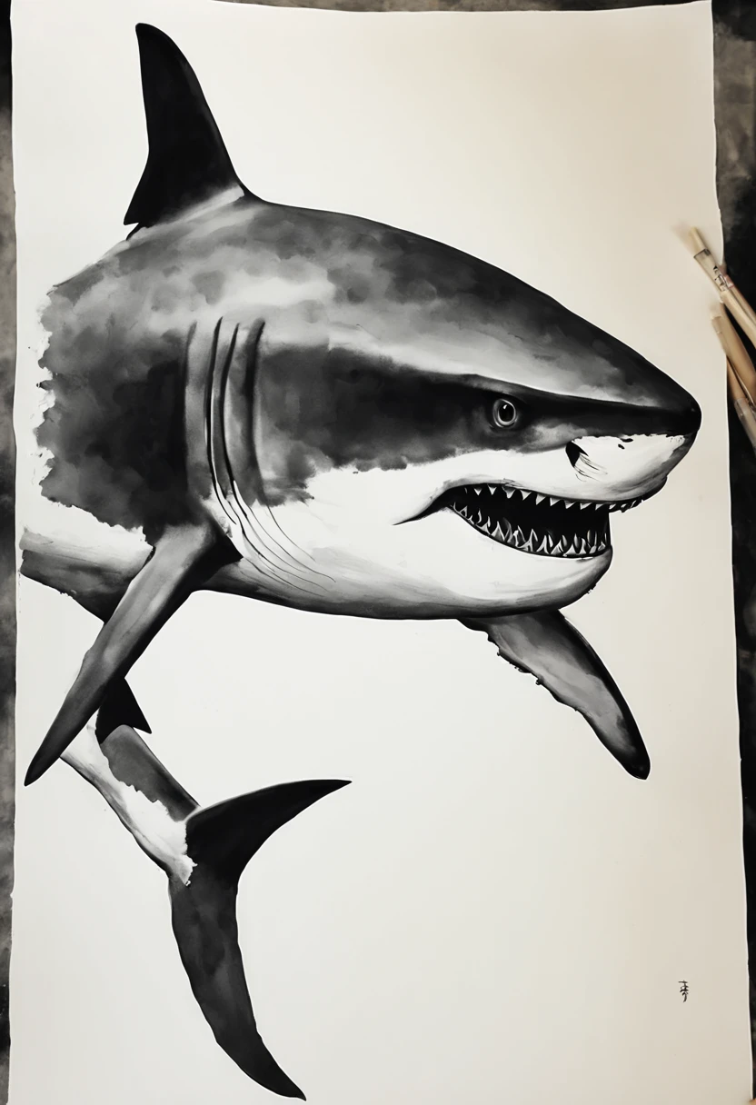 ink painting shark、black and white shark、black and white ink painting、shark ink painting、shark ink painting、no people are depicted、Ink painting of shark only、ink painting in the sea
