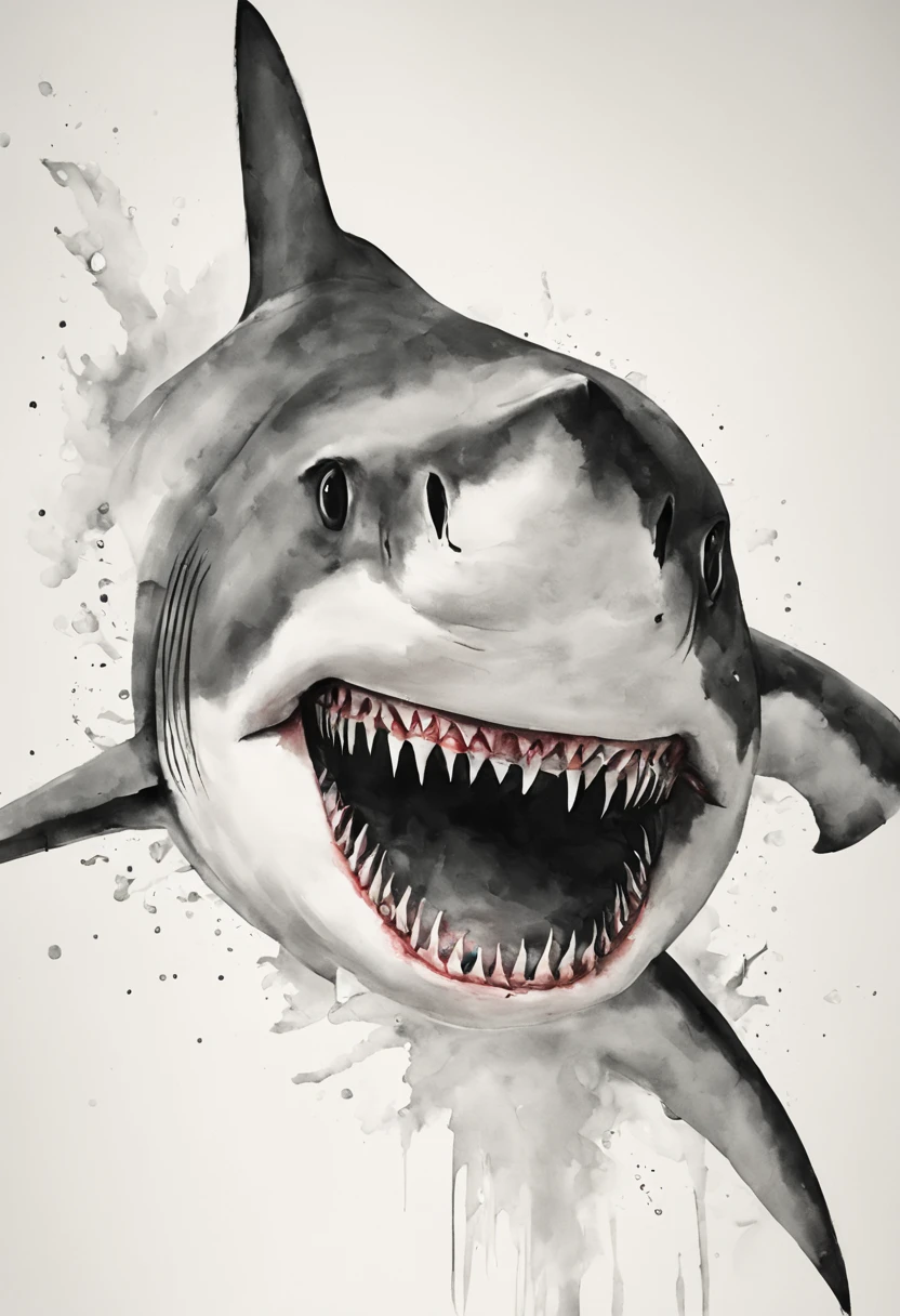ink painting shark、black and white shark、black and white ink painting、shark ink painting、shark ink painting、no people are depicted、Ink painting of shark only、ink painting in the sea