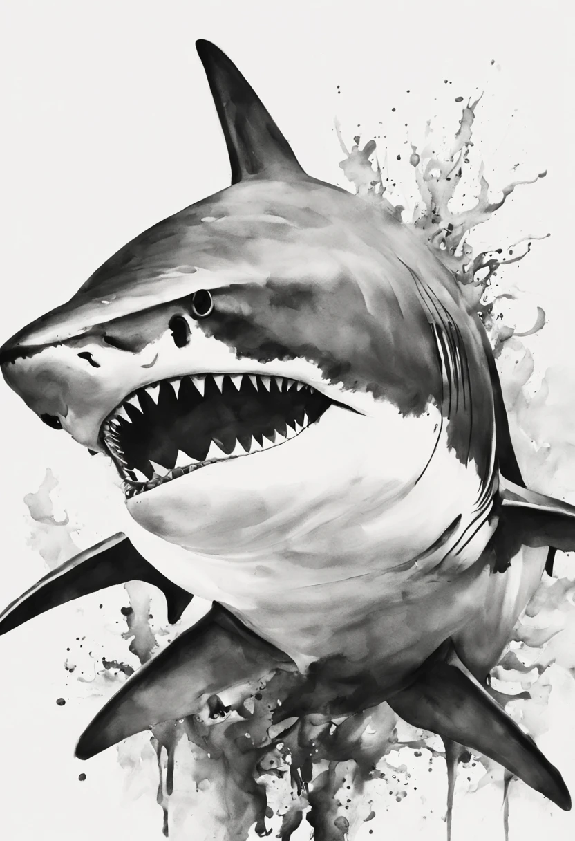 ink painting shark、black and white shark、black and white ink painting、shark ink painting、shark ink painting、no people are depicted、Ink painting of shark only、ink painting in the sea