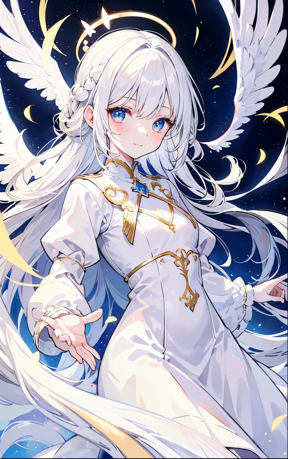 Beautiful white hair girl,angelic,Wearing a plain white dress,There is a halo above the head,French braid,long white hair,Standing in the golden wonderland,There is only one wing behind him,with smile,high and high