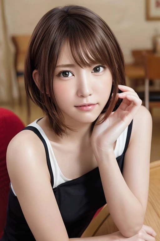 8K,highest quality, table top, Super high resolution, (realistic:1.4), RAW photo, (real skin texture:1.3), (film grain:1.3), (selfie angle),1 girl, Odango hairstyle, brown hair, sitting, Chair, was bored, Hand supporting chin, Beautifully detailed eyes and face,table top, highest quality,close,Upper body,