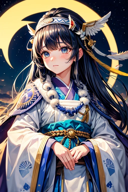 queen of the ainu、cute、Ainu pattern clothes、white and blue clothes、Ainu pattern、has a spear、Ainu art、Clean your eyes、Fingers correctly、night view、bird falcon、eyes are long、Don'Avoid redness around the eyes。