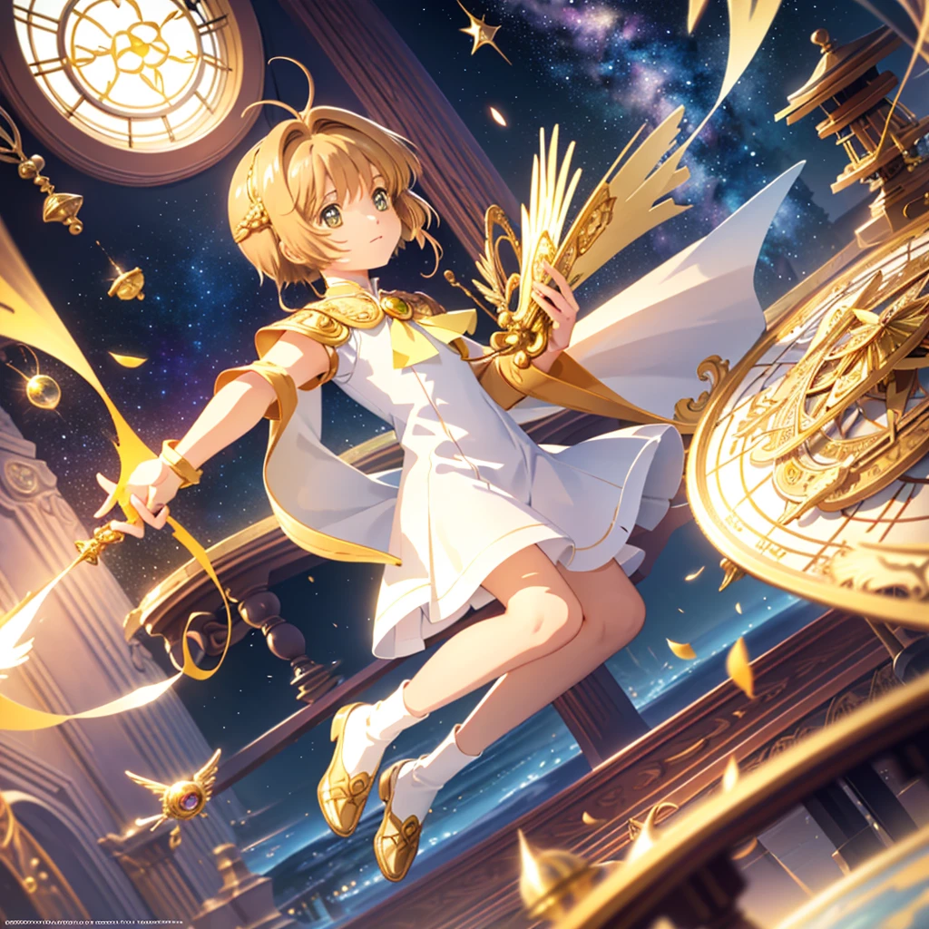 realistic, (masterpiece, excellent quality, highest quality, official art, beautiful and aesthetic: 1.2),(flight:1.4) very detailed, fractal art, colorful, more detailed, (abstract background: 1.5) (1 girl: 1.3), light brown hair, bright eyes, Hilarious, Hairstyle back, short hair, , milky way, Giant magic golden Sagittarius astrolabe, dream, fantasy, Golden trim, beautiful and detailed sky, Style and decoration, Female-only room, (Sakura Cardcaptor)