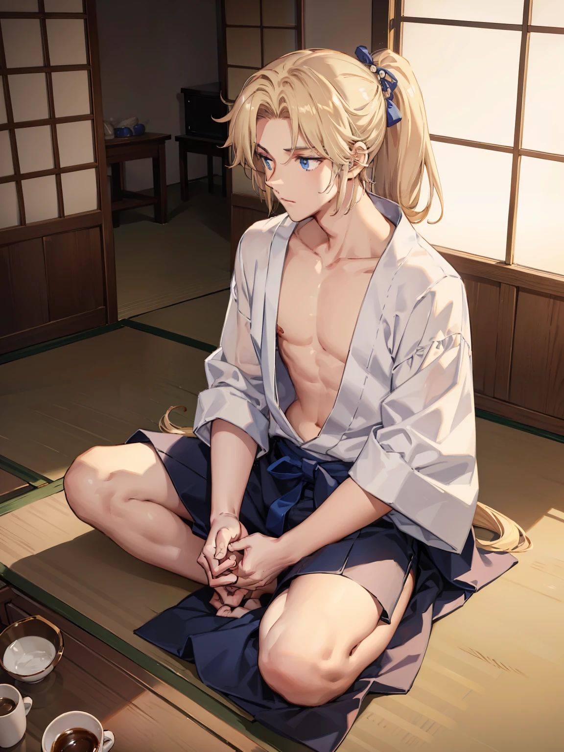 1boy，Masculinity，blond hair，ponytail，blue eyes，no bra，A Japanese-style room，sitting，late at night，alone