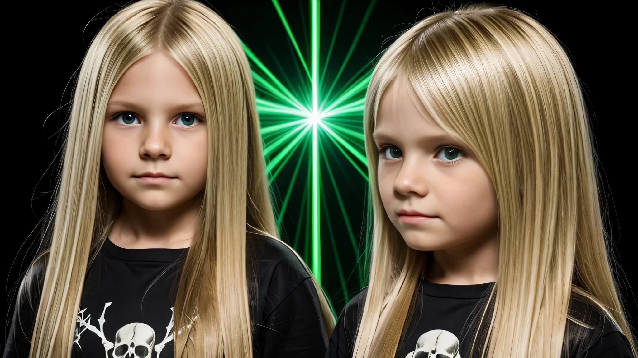kids blonde long hair, there skull, green laser.