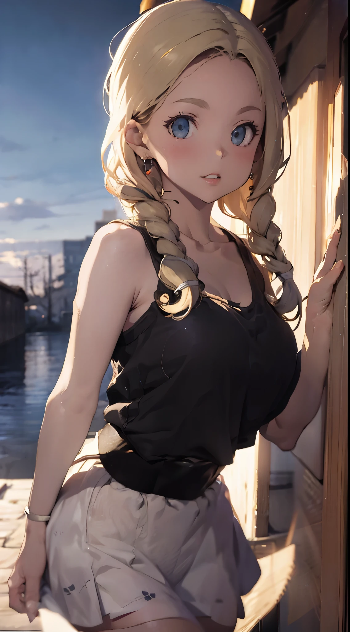 (best quality, ultra-detailed, photorealistic: 1.39), bright and vibrant colors, studio lighting, romantic expression, An effeminate girl, with a delicate and beautiful face. She is a girl who reflects seductive beauty, a beautiful woman with her blonde hair in a long braid, her large and round seduce, her silver eyes match her beautiful smile, long-sleeved blouse close to her body, micro shorts with lace details, lace stockings up to her thighs, she is posing from behind, room with romantic lighting as a backdrop, anime style, Anime
