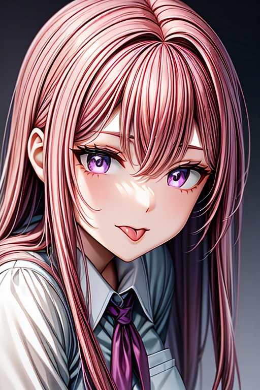 A pink haired woman with violet eyes is sticking out her tongue in a school uniform while leaning forward
