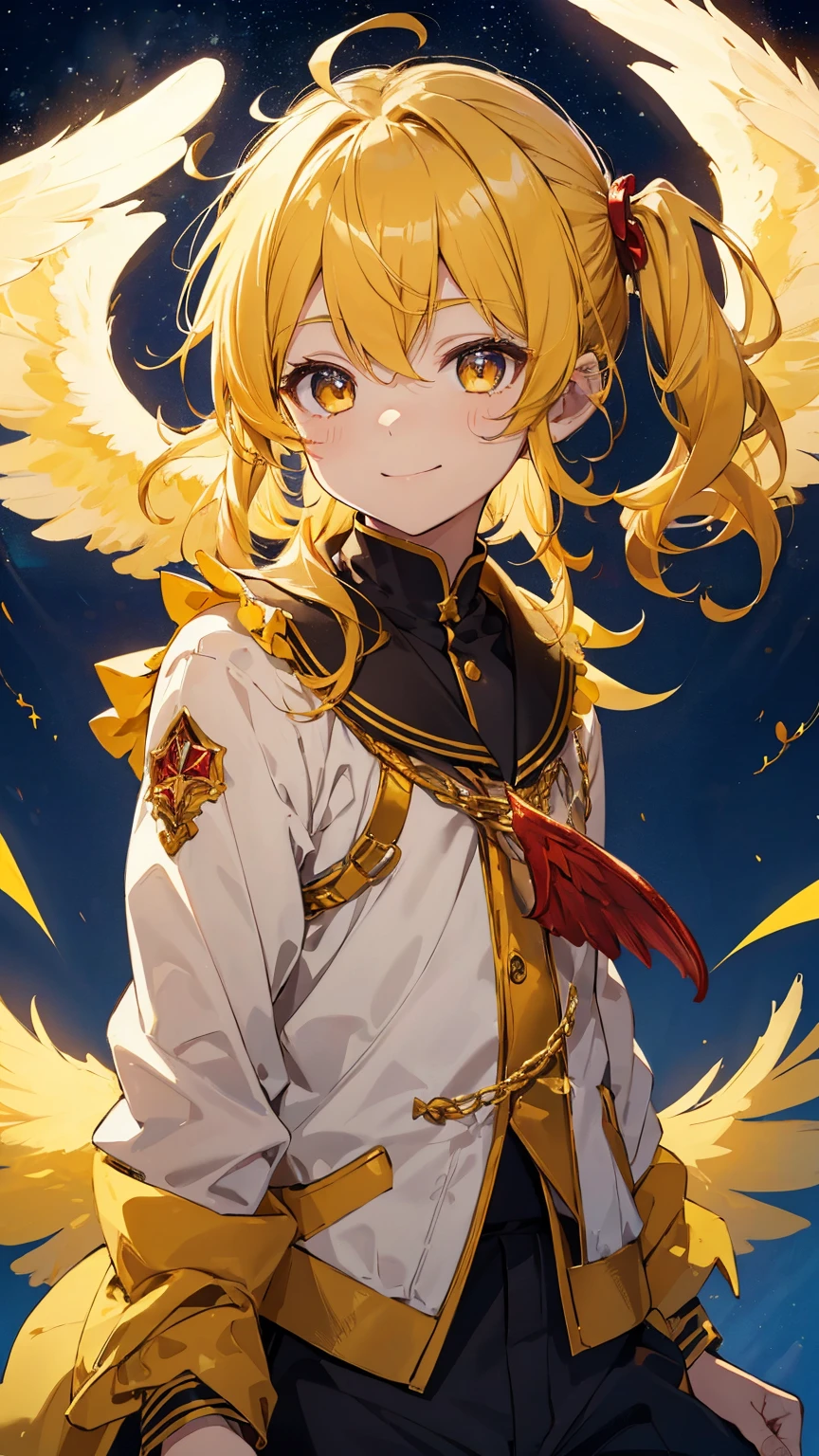 1little boy,solo, gently smile,(yellow hair),curly hair,gold eyes,((side ponytail)),very cute,((with red angel wings on his back)),luminous effect,in the night sky,twinkle,best quality, high quality, masterpiece,starry sky
