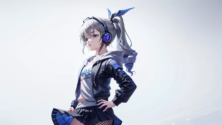 age girl with drill ponytail, wearing black hoodie and medium length skirt, blue eyes, grey background, wearing headphones, nervous