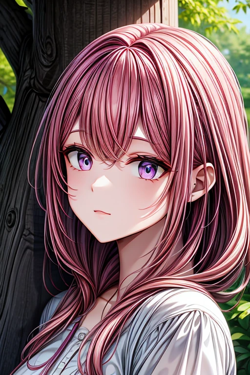 A pink haired woman with violet eyes is  hiding behind a tree