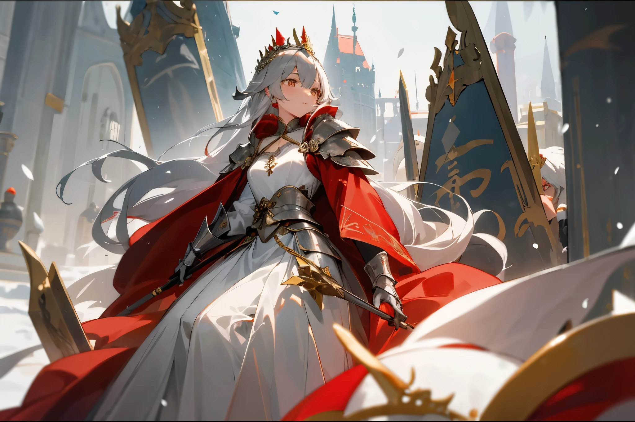 girl,Gray hair,long hair,clavicle hair,golden eyes,Silver-white armor,long skirt,knight,poster,of,高质量of,Snow,Silvery crown,crown with emeralds,red cloak,Different world,red peach,Queen