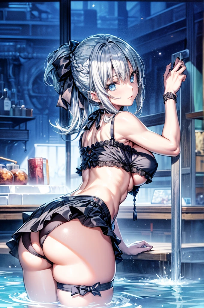(Enrich the picture,Masterpiece level quality),Beautiful 8K CG artwork,1girl,solo,morgan le fay (fate),detailed face, perfect face, perfect eyes,blue eyes,Long Hair, pony tail,Very long hair, big boob, black bow,Hair Bow, thighs,side locks, French braid, grey hair,Slim and soft,big breasts,