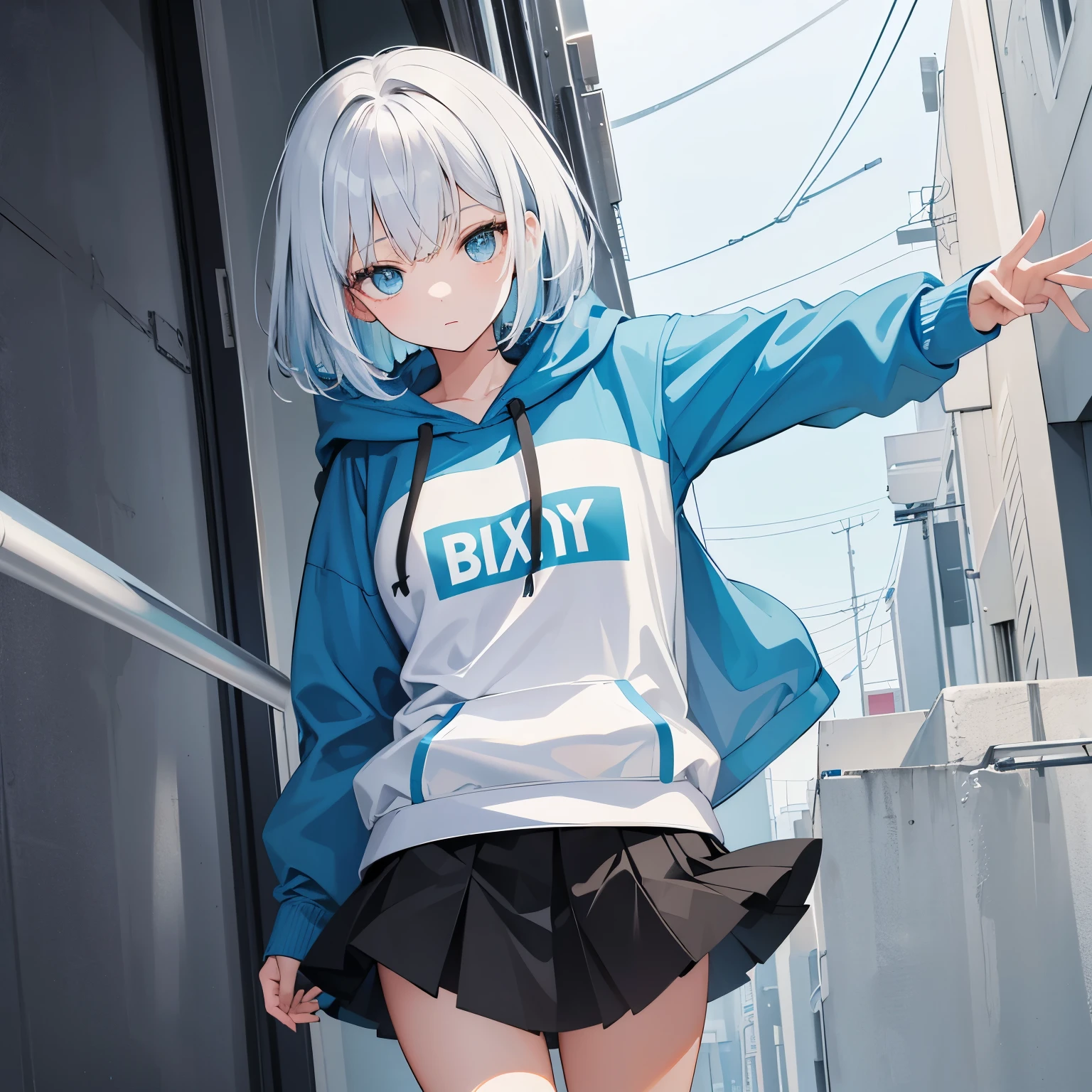 excellent quality, masterpiece, 1 girl,looking to the side,Bob hair with light blue inner color on white hair,wearing a hoodie with a uniform,black skirt