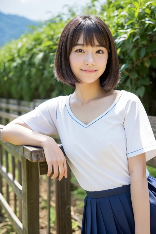 8K,masterpiece,Japanese,12-year-old girl,from the front,smile,cute,Innocent face,Innocent,Kind eyes,Childish,Plain T-shirt,Short sleeve,Blue checked short skirt,semi-long,Hair blowing in the wind,Black Hair,Somewhat strong wind,noon,bright,Sitting、M-shaped feet, (Large Breasts:1.2),(Emphasize the chest:1.2)