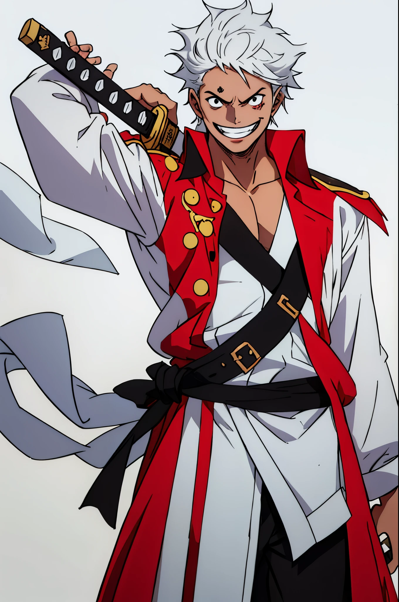A young man, cute pirate, big katana on your back, in red, black and white loose clothing, White hair, full length, solo, immoral facial expression, dynamic pose, killer grin, on a blank background