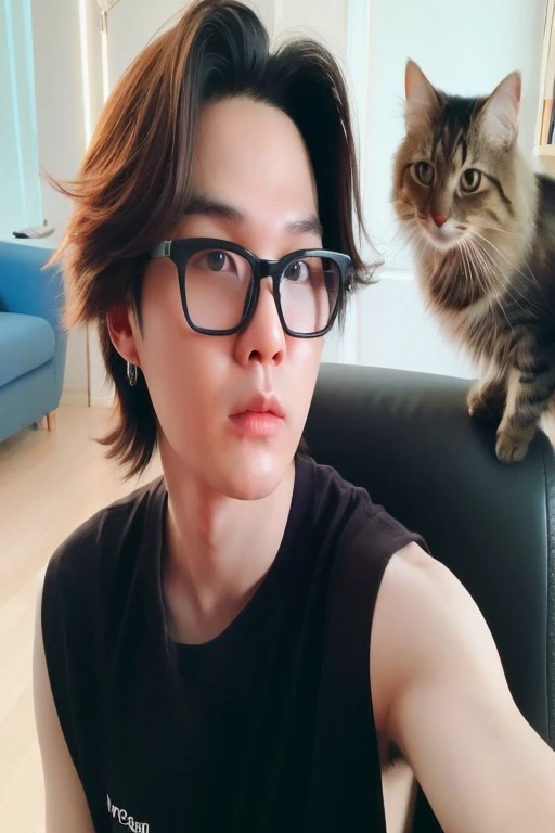 there is a Men with glasses and a cat sitting on a couch, yoongi min, with glasses, BTS, pintar ulzzang, bonito, androgen, Prince, homem sul-coreano, with glasses on