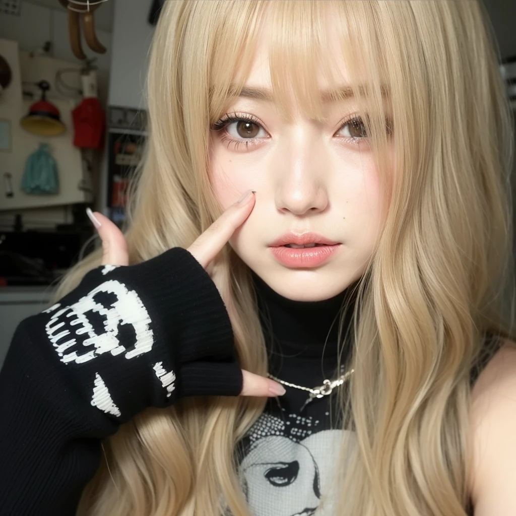 garota araffe com longos cabelos loiros e luvas pretas posando para uma foto, Ulzzang, com cabelos longos brancos, pare quatro *, Retrato realista kawaii, cabelo loiro extremamente claro, Lalisa Manobal, garota de anime na vida real, boneca articulada, com cabelos longos e olhos penetrantes, longos cabelos loiros e olhos grandes, com longos cabelos loiros