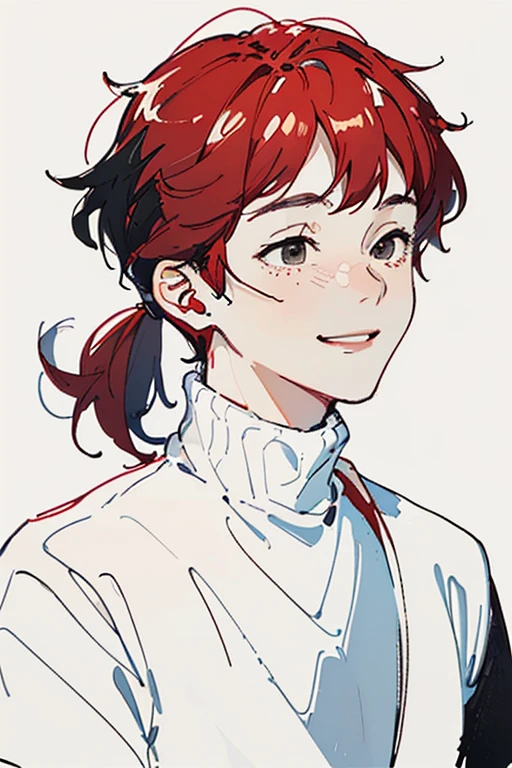 best quality, high resolution, clean background, high contrast, 1 boy, line-drawing, sketch, ((tight medium shot))), white background, clean line drawingringe hairstyle), (naughty face), smile face, (((turtleneck))), (((darkred-haired)))), (Mashed Hair), ((black eyescolor:1.2)), white skin,