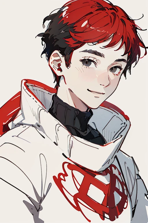 best quality, high resolution, clean background, high contrast, 1 boy, line-drawing, sketch, ((tight medium shot))), white background, clean line drawingringe hairstyle), (naughty face), smile face, (((turtleneck))), (((darkred-haired)))), (Mashed Hair), ((black eyescolor:1.2)), white skin,