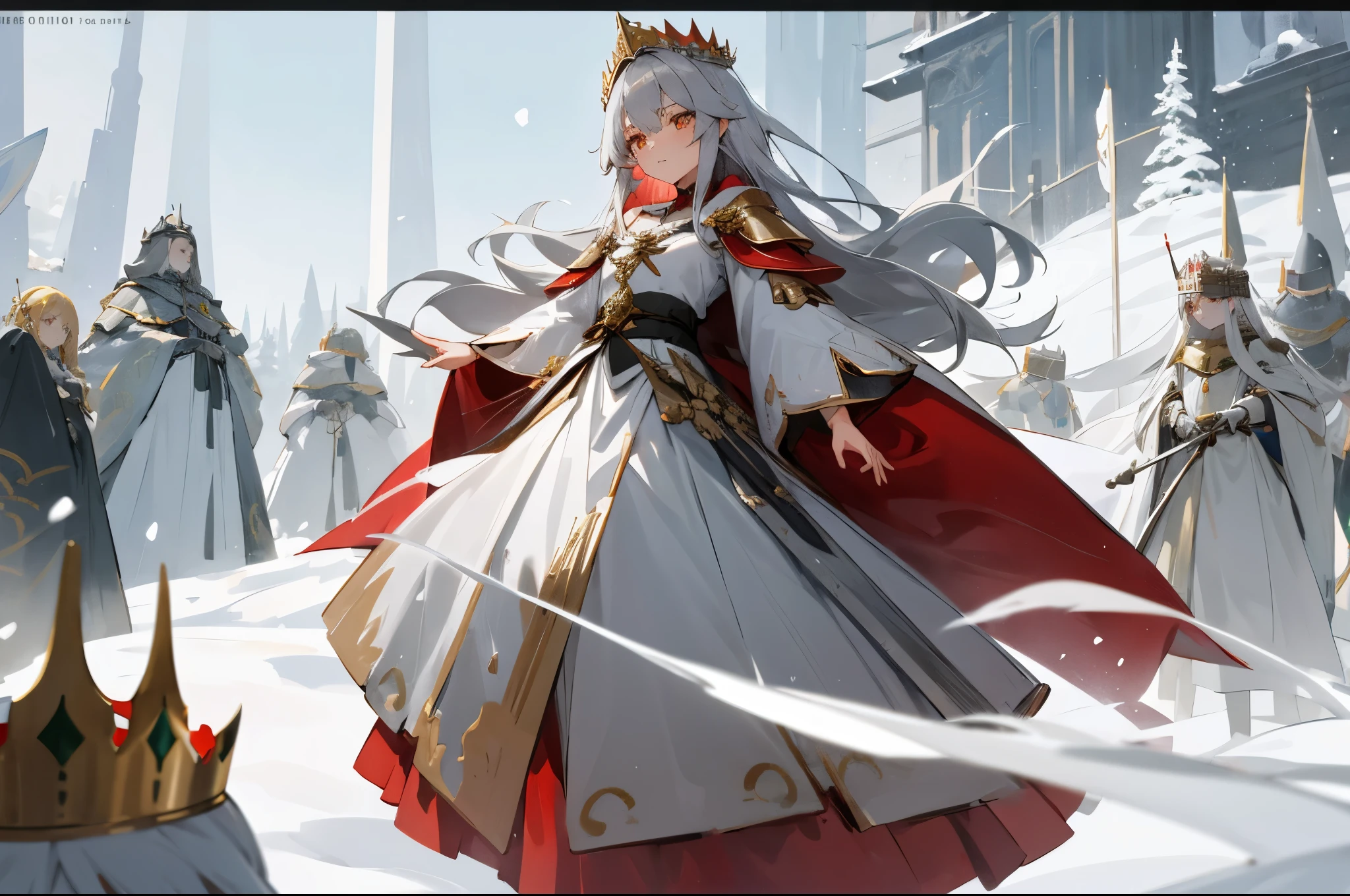 girl,Gray hair,long hair,clavicle hair,golden eyes,Silver-white armor,long skirt,knight,poster,of,高质量of,Snow,Silvery crown,crown with emeralds,red cloak,Different world