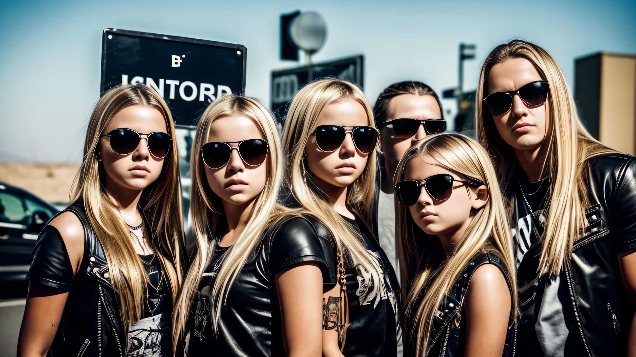 image of a group of kids girls blonde with sunglasses and a sign, heavy metal band promo,