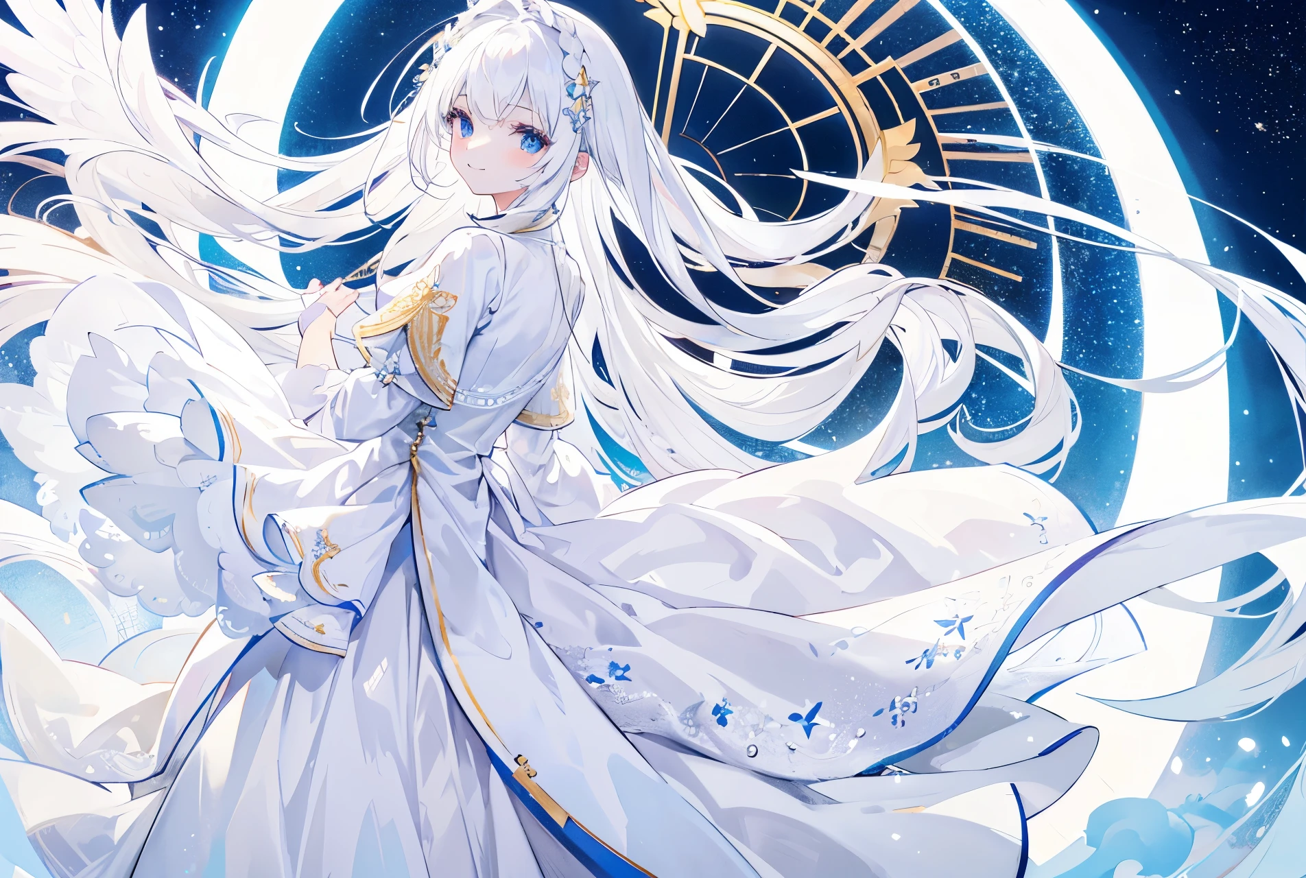 Anime girl in white dress with long white hair and a clock - SeaArt AI