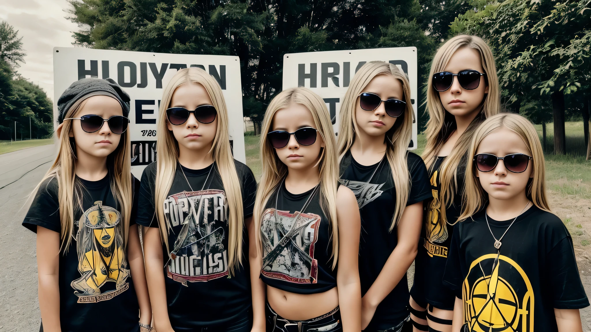 image of a group of kids girls blonde with sunglasses and a sign, heavy metal band promo, 