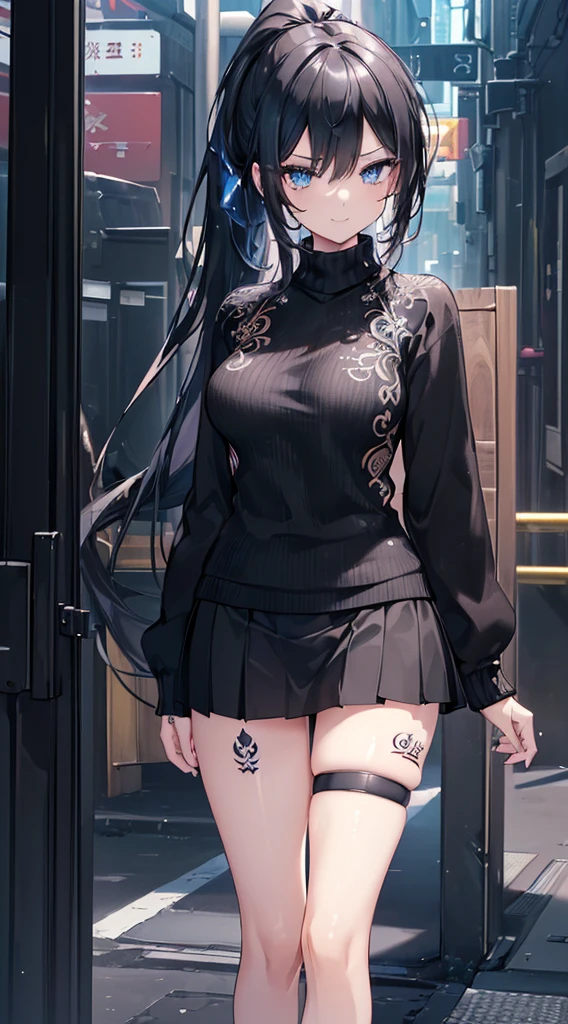 (((((extremely detailed CG unity 8k wallpaper)))), (((ultra-detailed))), (((extremely detailed))), (((best illustration))), best illumination, ((extremely delicate and beautiful)), ((an extremely delicate and beautiful girl)), dark theme, modern, (tokyo (city)), ((girl (solo))), ((finely detailed beautiful eyes and detailed face)), (((black hair))), (((really long ponytail))), no bangs, shiny hair, ((blue eyes(glowing))), beautiful detailed eyes, mature female, delinquent girl, ((black tattoo on thigh)), slender, medium breast, (((intricate details))), (black and blue sweater), (black skirt), casual shoes, bishoujo, smile, cold stare, cool