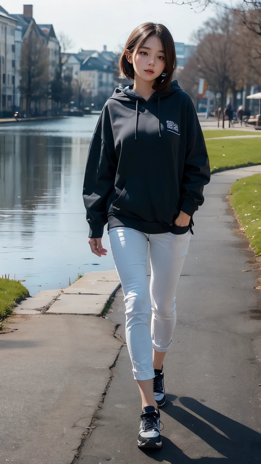 ((best quality)), ((masterpiece)), (detailed), perfect face, a girl make hood walking on the lake
