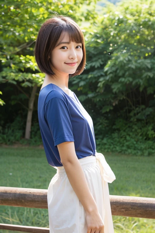 beautiful japanese woman, high ager, I am standing on a farm with a view of the mountain ridgeline of Nobeyama.,A woman leaning lightly on a log fence (Detailed model figure:face is facing the camera, The body is facing the camera, Straightening the back) (Photo composition:Front of the body, Photo from the chest up,looking at the camera, Photo from the front) (facial details:long eyes, beautiful eyes, Eye pupils are black, looking at the camera, elongated facial contour, Smile a little,sharp cheeks, round chin, clean nose, round chin, Bob cut brown hair) (Body details:Height: 155cm, bust 79cm, Waist 55cm, Hip 85cm, Healthy thighs) (detailed costumes:Short sleeve round neck shirt with navy blue polka dots on white fabric)