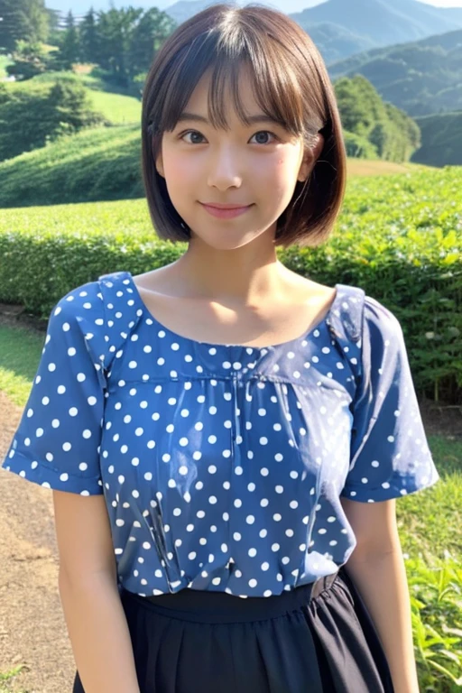 beautiful japanese woman, high ager, I am standing on a farm with a view of the mountain ridgeline of Nobeyama.,A woman leaning lightly on a log fence (Detailed model figure:face is facing the camera, The body is facing the camera, Straightening the back) (Photo composition:Front of the body, Photo from the chest up,looking at the camera, Photo from the front) (facial details:long eyes, beautiful eyes, Eye pupils are black, looking at the camera, elongated facial contour, Smile a little,sharp cheeks, round chin, clean nose, round chin, Bob cut brown hair) (Body details:Height: 155cm, bust 79cm, Waist 55cm, Hip 85cm, Healthy thighs) (detailed costumes:Short sleeve round neck shirt with navy blue polka dots on white fabric)