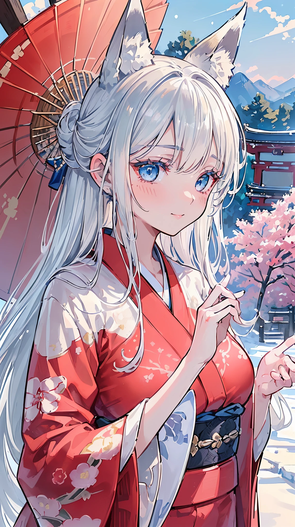(((Masterpiece))), (((Highest quality))), ((Ultra-detailed)), ((Super fine illustration)), ((Ultra-fine painting)), (Upper body:1.6), HDR, (Highly detailed and delicate illustration style:1.8), Detailed skin texture, Detailed cloth texture, Extreme detailed description, (T-masterpiece), (Highly detailed face:1.2), (Highly detailed shiny hair half updo:1.2), (Highly detailed silver fox ears:1.2), (Highly delicate clear eyes:1.2), Original, RAW photo, Professional, Intricate details, Super details, Direct light:1.6, (Perfect anatomy:1.4), (Highly detailed hands:1.2), (Highly detailed fingers:1.2), (Highly detailed fingertips:1.2), (16-years-old), Real, (Solo:1.5), (A very beautiful and cute silver fox girl with blue eyes wearing a bright red long-sleeved kimono with a floral pattern:1.4) BRAKE (Beautifu and adorable highly detailed and delicate silver fox ears:1.6), (Beautiful and well-shaped big breasts:1.1), (Beautiful and well-shaped buttocks:1.1), (Beautiful and shiny highly detailed and delicate silver hair half updo:1.4), (Beautiful clear and highly delicate blue eyes:1.6), (Smile:1.3), (Blush:1.4), (Looking at viewer:1.4), (Celebration:1.2), Very detailed, beautiful and perfect hands:1.4, Very detailed, beautiful and perfect fingers:1.4, Very detailed, beautiful and perfect fingertips:1.4 BRAKE (Highly detailed long-sleeved kimono in bright red color with floral pattern:1.4), (Japanese traditional costume:1.2) BRAKE (16K highest quality wallpaper:1.4), (Highly detailed and beautiful Ise Grand Shrine in Mie Prefecture just after noon in winter in the background:1.6), Standing in front of the torii gate:1.3, Highly detailed and beautiful Ise Grand Shrine:1.2, Highly detailed and beautiful torii gate of Ise Shrine:1.2, Highly detailed and beautiful grounds of Ise Shrine:1.2, Highly detailed and beautiful in the sunny sky background just after noon:1.4 BRAKE