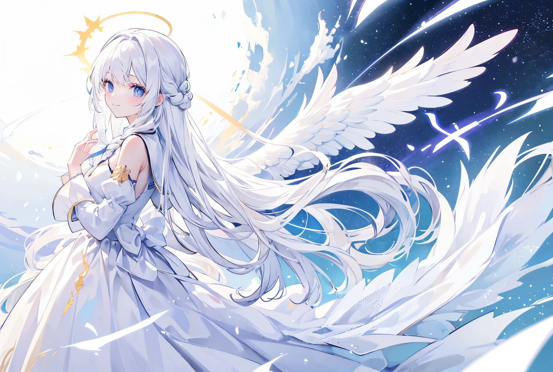 Beautiful white hair girl，angelic，Wearing a plain white dress，There is a halo above the head，French braid，long white hair，Standing in the golden wonderland，There is only one wing behind him，with smile，high and high