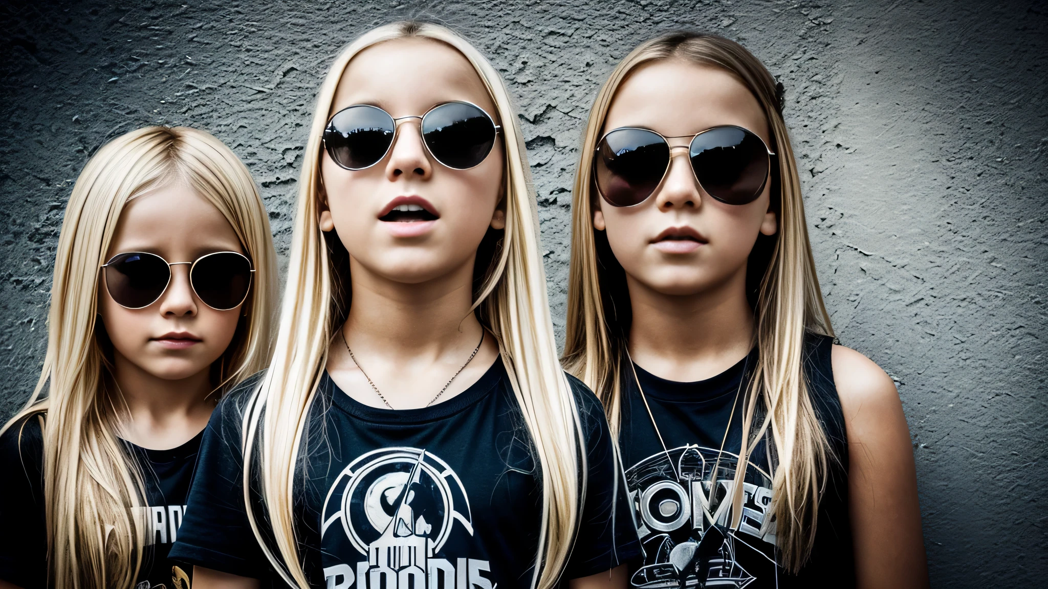 image of a kids girls blonde with sunglasses and a sign, heavy metal band promo,