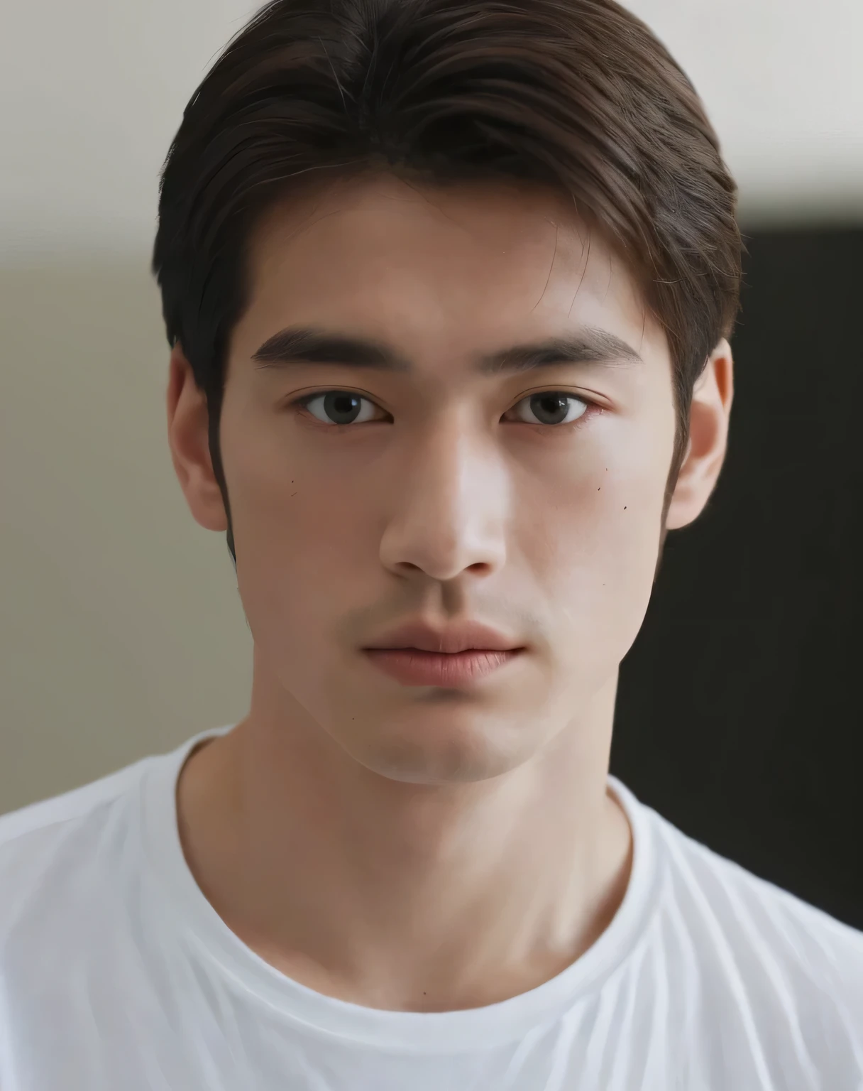 Oppav3, (masterpiece, super high quality, high resolution, 8K, complex: 1.2), (detailed face: 1.2), (wearing a white shirt: 1.5), handsome, detailed skin, pores, absurd, clumsy, 1boy, male focus, (realistic)), good lighting quality, muscle veins, (((pale skin)), curved, balanced eyes, brown eyes,