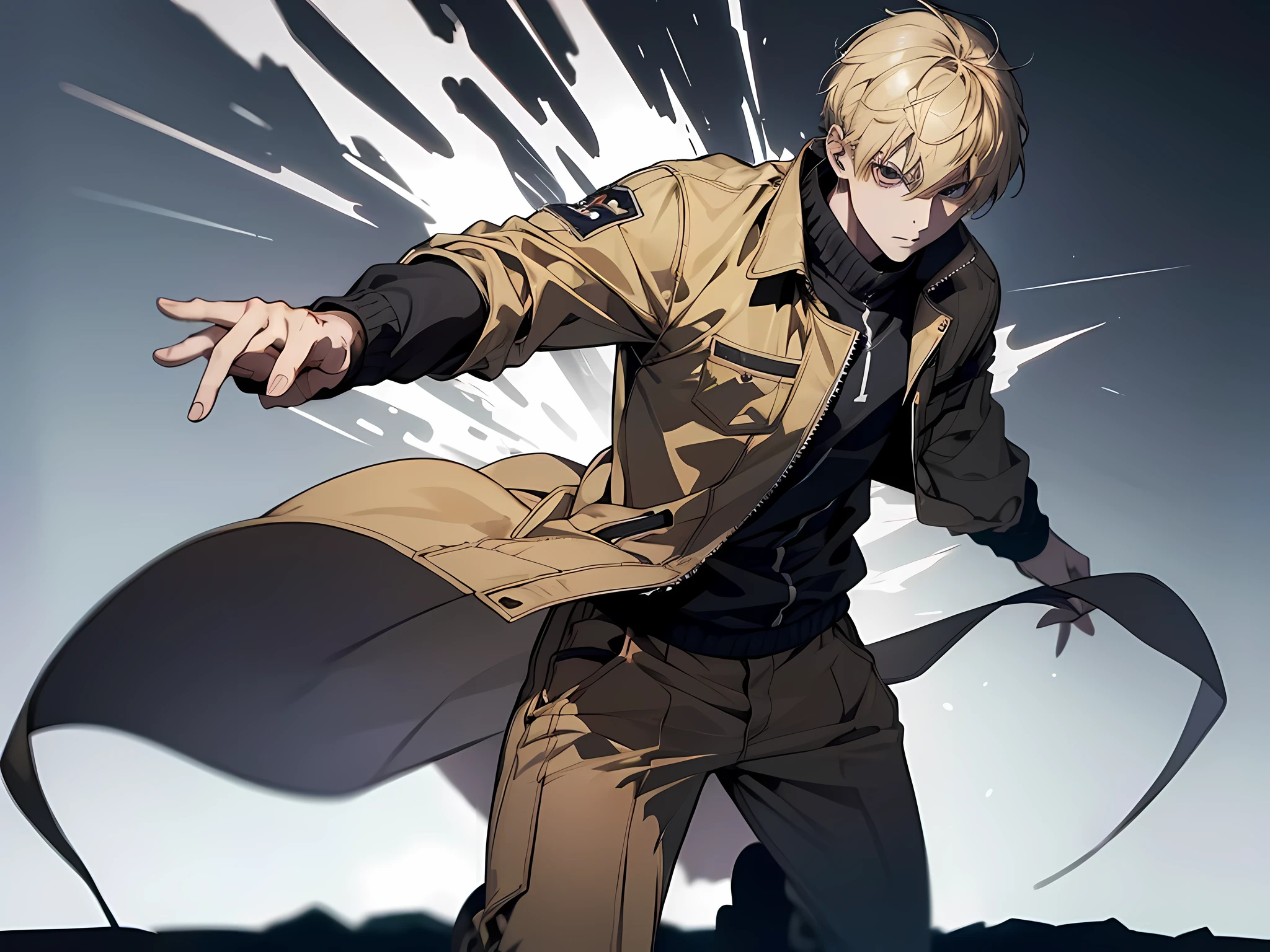 1 man, blonde hair, short hair, wearing athletic jacket, fighting pose, standing, face to detail, detailed eyes, the background is dungeon full of monster, full-body illustration