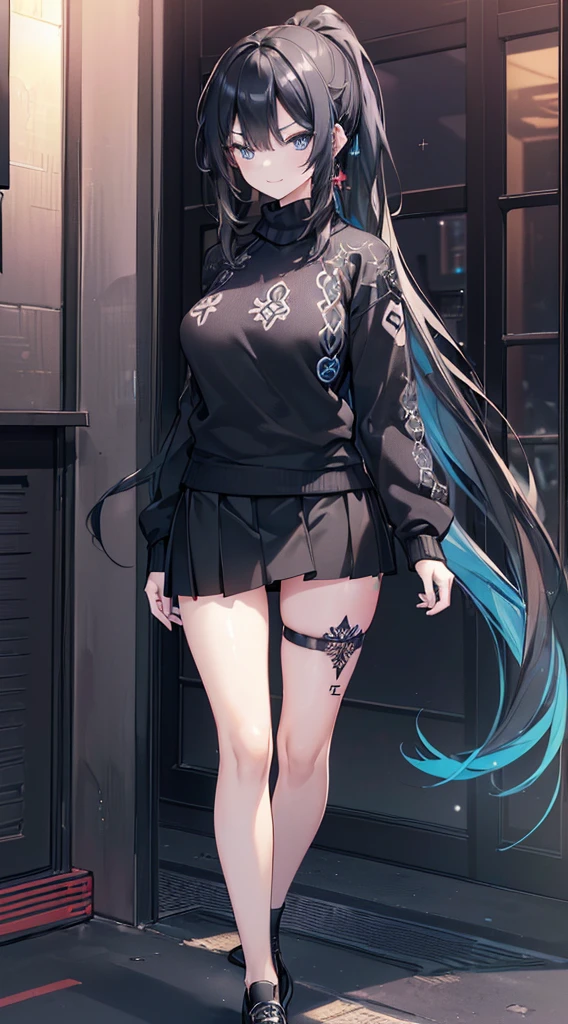 (((((extremely detailed CG unity 8k wallpaper)))), (((ultra-detailed))), (((extremely detailed))), (((best illustration))), best illumination, ((extremely delicate and beautiful)), ((an extremely delicate and beautiful girl)), colourful, modern, (tokyo (city)), ((girl (solo))), ((finely detailed beautiful eyes and detailed face)), (((black hair))), (((really long ponytail))), no bangs, shiny hair, ((blue eyes(glowing))), beautiful detailed eyes, mature female, delinquent girl, ((black tattoo on thigh)), slender, medium breast, (((intricate details))), (black and blue sweater), (black skirt), casual shoes, bishoujo, smile, cold stare, cool