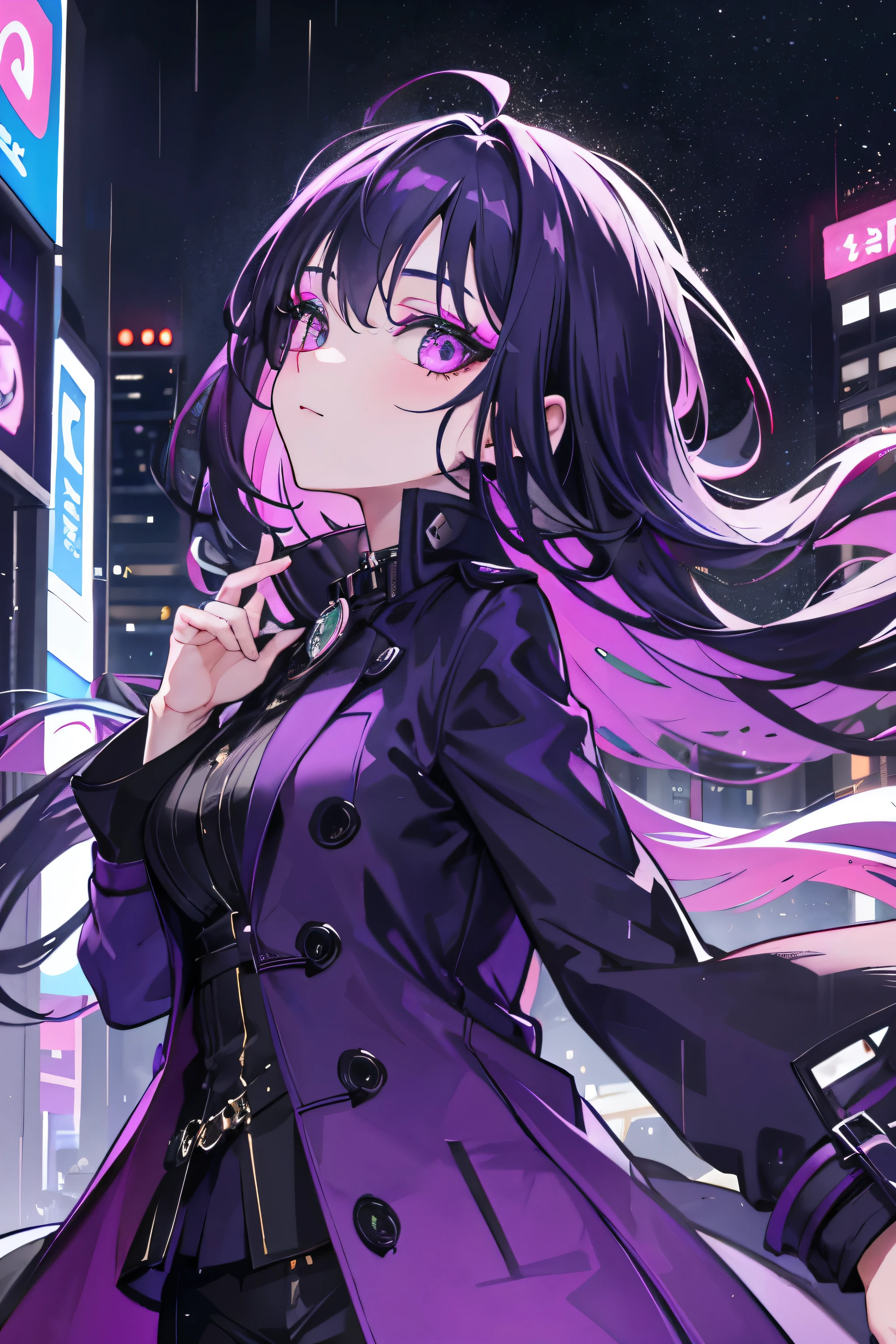 1girl, with vibrant makeup, in a night city covered in heavy rain, wearing an elegant purple coat, looking up with a confident expression.