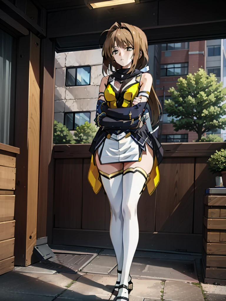 (hyper extreme detailed),(master piece),(hyper extreme),(realistic),cg,Lastration,novel iLastration,1 girl,takamori_Haruka,ninja,white mini skirt, yellow cloth,white legwear,software,spread legs,hypnoLora,empty eyes,(Inside a futuristic research facility:1.4),