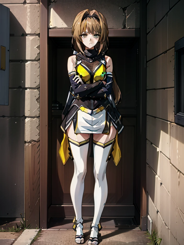 (hyper extreme detailed),(master piece),(hyper extreme),(realistic),cg,Lastration,novel iLastration,1 girl,takamori_Haruka,ninja,white mini skirt, yellow cloth,white legwear,software,spread legs,hypnoLora,empty eyes,(Inside a futuristic research facility:1.4),