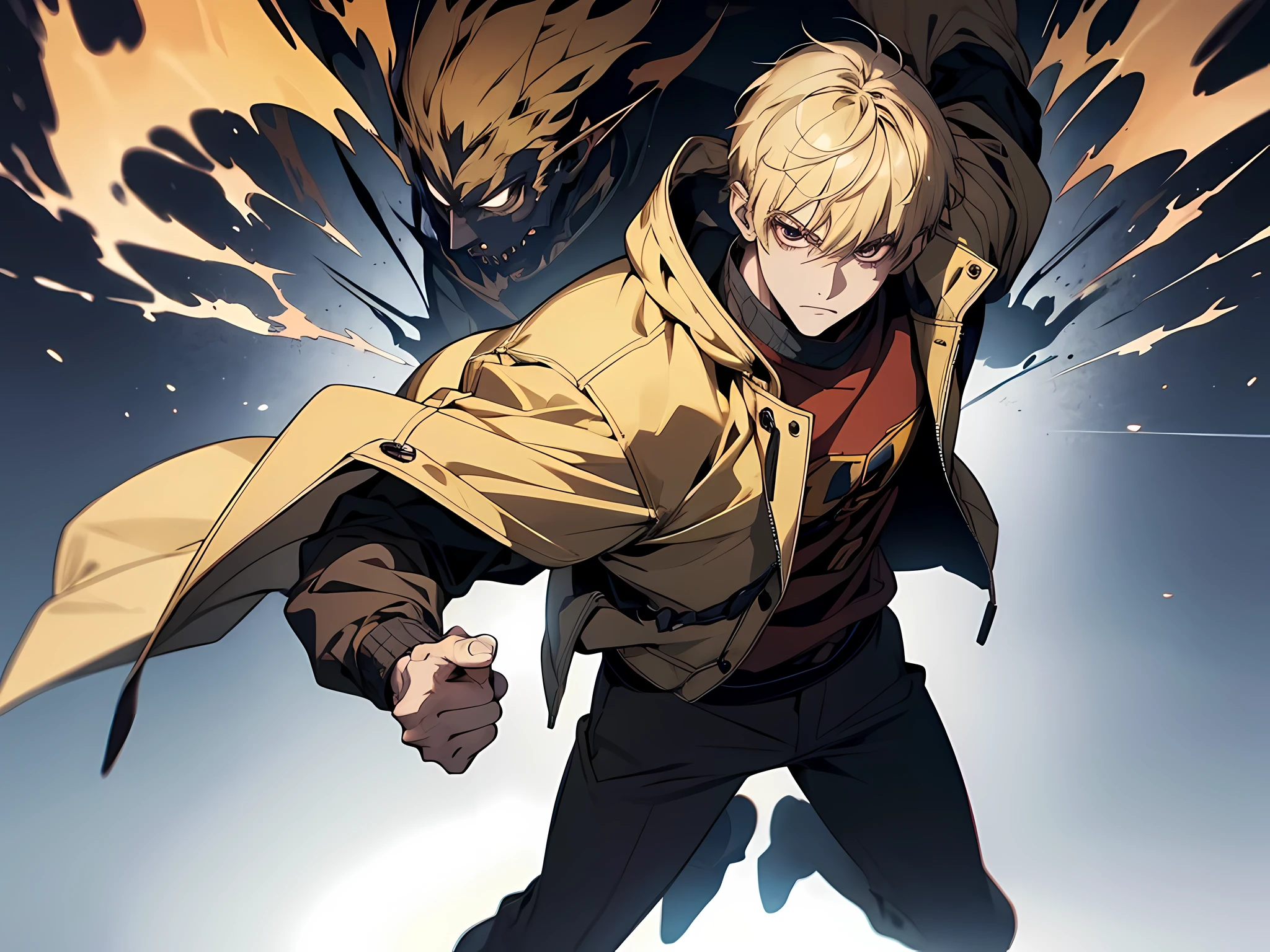 1 man, blonde hair, short hair, wearing athletic jacket, fighting pose, standing, face to detail, detailed eyes, the background is dungeon full of monster, full-body illustration