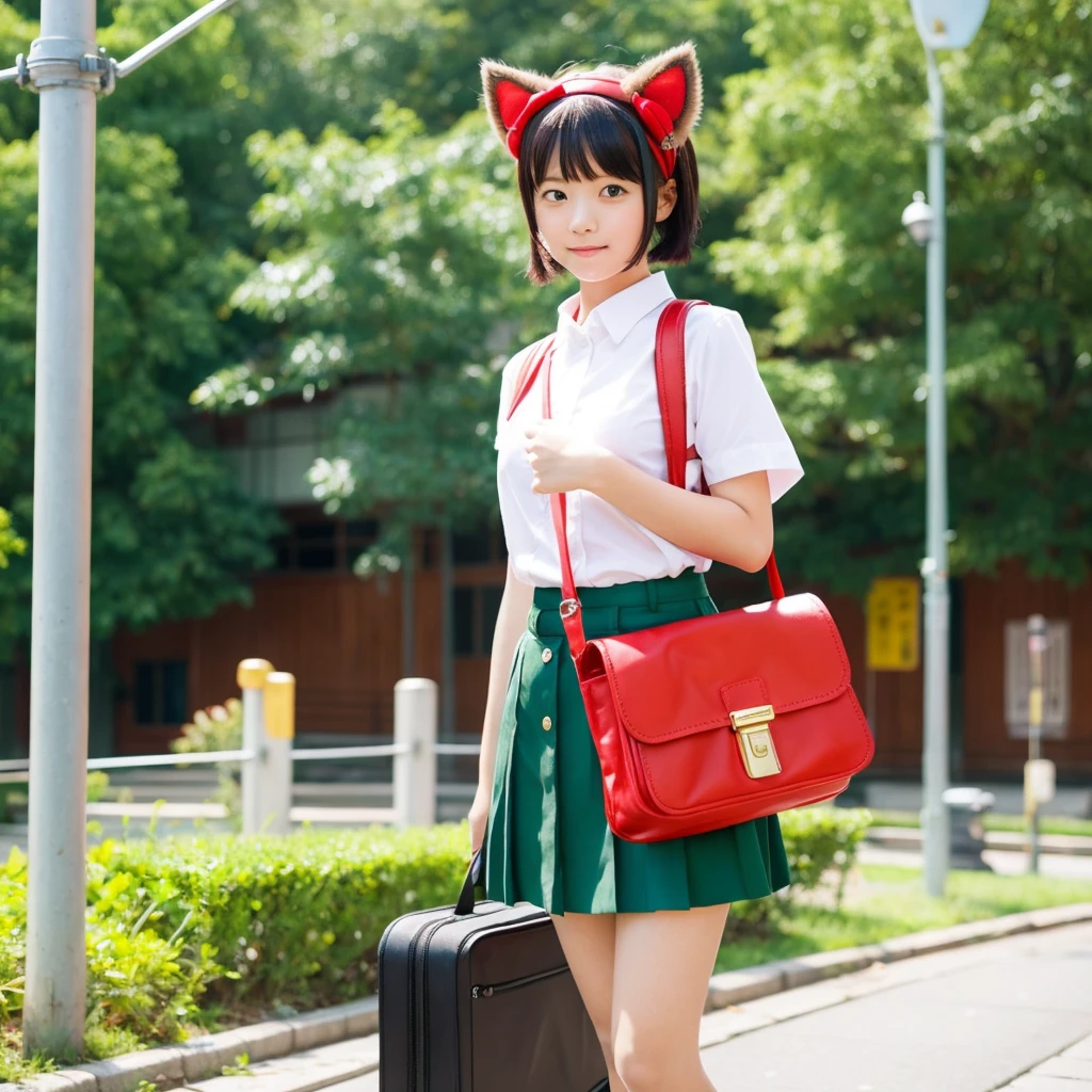 short green hair、one piece、A girl with mechanical knees、Carrying a red school bag、A girl wearing a cat ear headband、A girl with a cat tail