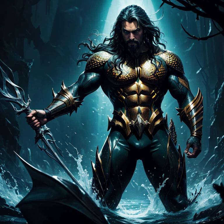 Transforming darkness into art, create an abstract & conceptual rendition of Aquaman, capturing his enigmatic personna. Embrace bold strokes, striking lines, and vibrant colors to convey the duality between hero and vigilante. Infuse the artwork with motion and energy, depicting Aquaman as an abstract force against a backdrop of shattered darkness. Illuminate his iconic symbol with luminous accents, showcasing the rebirth of hope amidst the shadows.