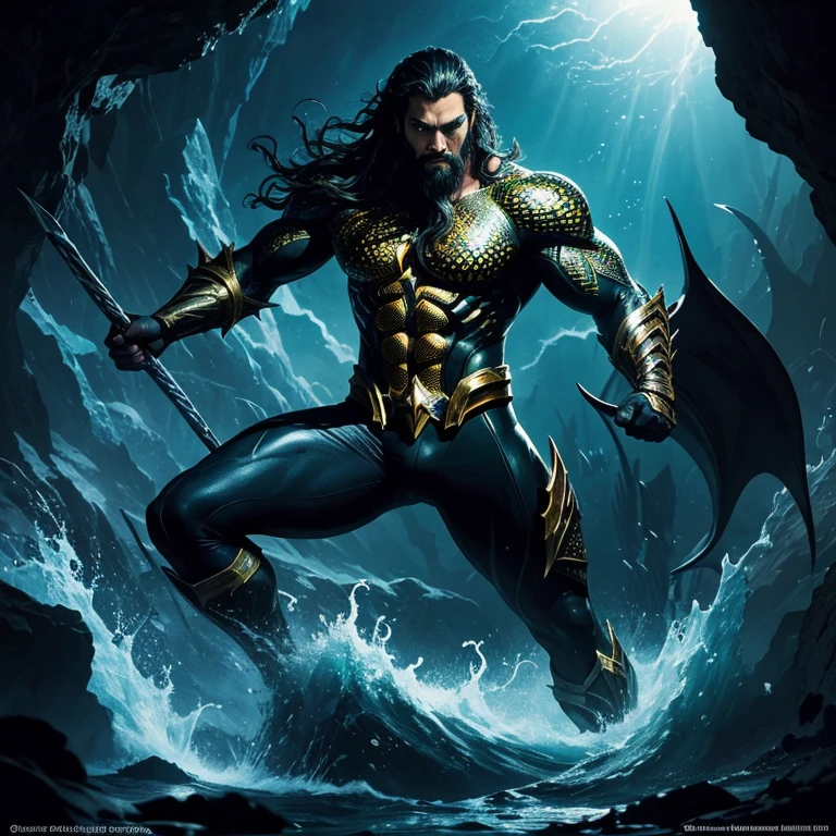 Transforming darkness into art, create an abstract & conceptual rendition of Aquaman, capturing his enigmatic personna. Embrace bold strokes, striking lines, and vibrant colors to convey the duality between hero and vigilante. Infuse the artwork with motion and energy, depicting Aquaman as an abstract force against a backdrop of shattered darkness. Illuminate his iconic symbol with luminous accents, showcasing the rebirth of hope amidst the shadows.