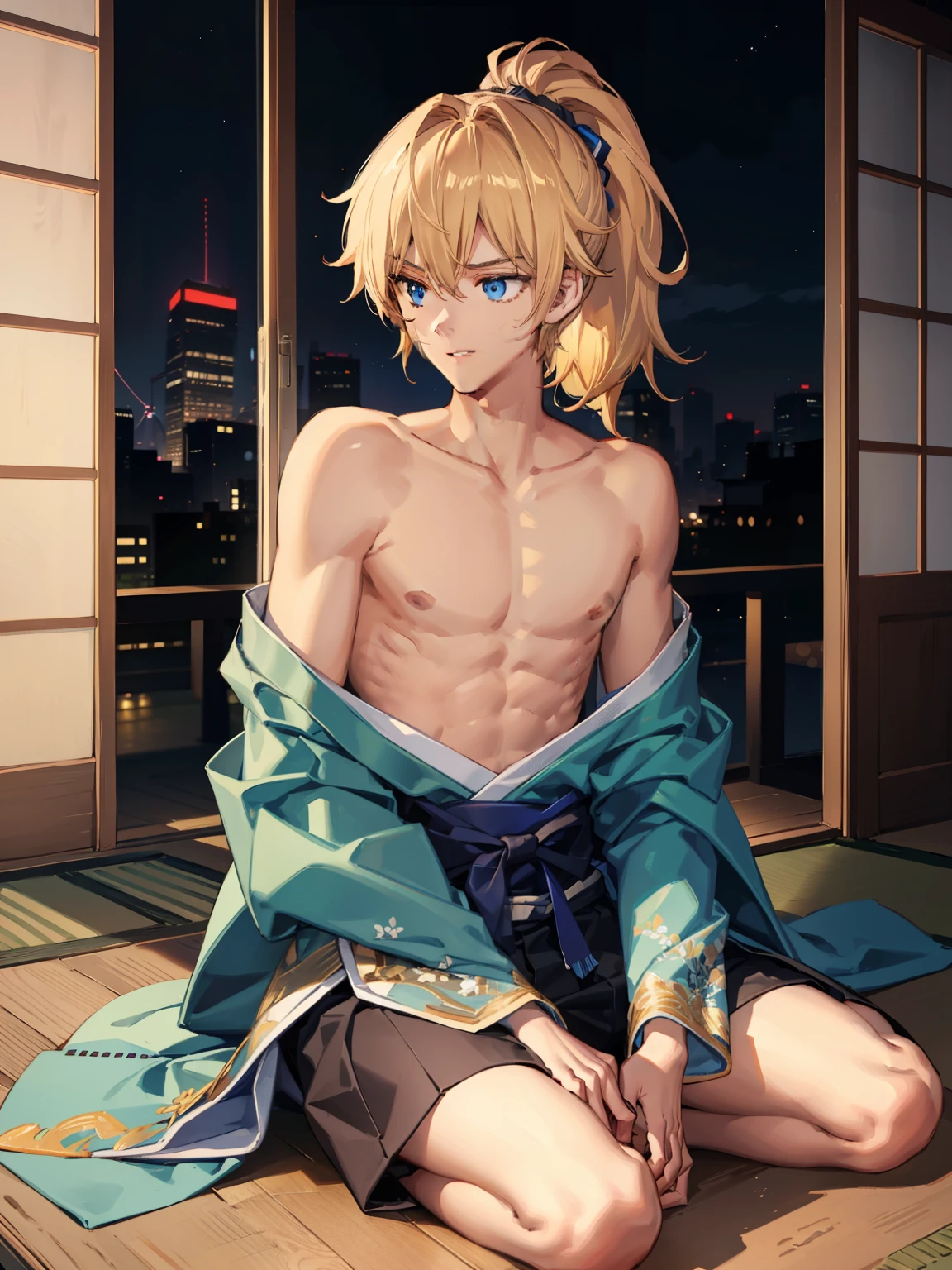 1boy，Masculinity，blond hair，ponytail，blue eyes，no bra，A Japanese-style room，sitting，late at night，alone