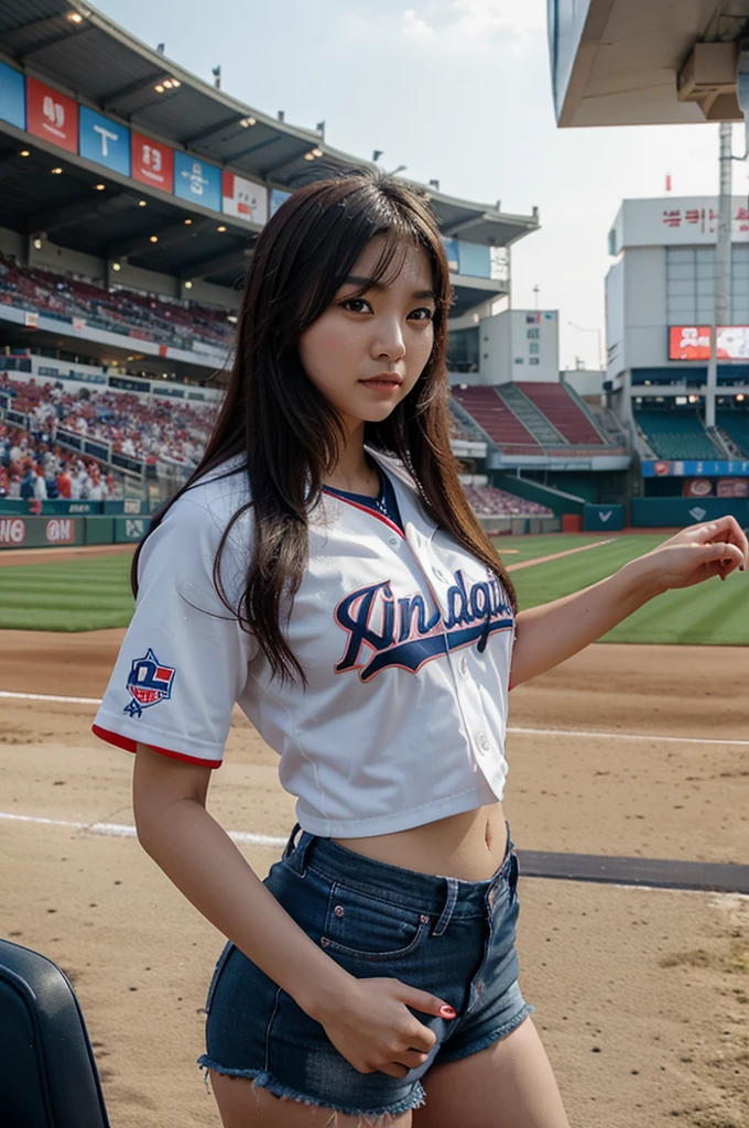 Product quality,1 girl,Cheerleader,Cowboy Shot,Young and cute Japanese,20-year-old,((Stadium bench background:1.2)),A small smile,cheer leading,break,Sit on a bench,Complete off-shot,Cheerleaderuniform,Ultra Short Short Pleated Mini Skirt,Very cute face,Baby Face,Glossy Lips,(Beautiful big eyes),Gray Eyes,Double eyelids on both eyes,(Natural Makeup),shiny smooth light brown long hair,,Asymmetrical bangs,Floating Hair NovaFrog Style,Center image,8k resolution,Attention to detail,Detailed hairstyle,Detailed face,Cinema Lighting,Octane Rendering,Ultra-realistic,(Glowing Skin, Sweaty:1.3)Perfect limbs,Beautiful legs,Voluptuous thighs,Huge breasts,(Expresses the roundness and softness of the chest area..........1),Perfect Anatomy, Spread your legs,Skirt flip,Covering the crotch with a pom-pom.,((Bold sexy pose:1.5))